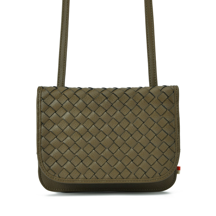 An olive green woven leather shoulder bag with a structured rectangular shape, a single shoulder strap, and a small red brand tab on the bottom right corner, shown against a plain white background.