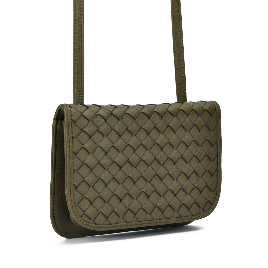 An olive green woven leather shoulder bag with a matching shoulder strap, shown from a three-quarter angle on a white background.