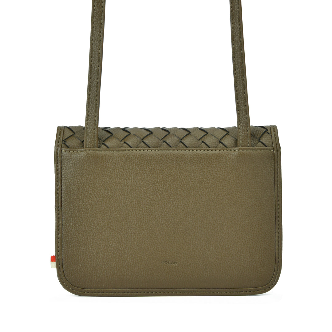 An olive green pebbled leather crossbody bag with a braided leather trim along the top flap and a matching shoulder strap, shown against a plain white background.