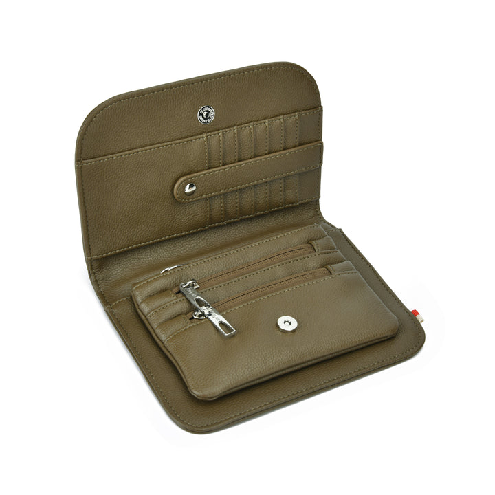 An olive green pebbled leather wallet shown open, featuring multiple card slots, a zippered pocket, and silver-tone hardware on a plain white background.