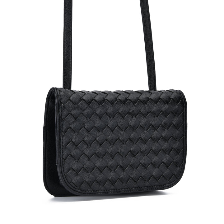 A black woven leather shoulder bag with a structured rectangular shape and a single strap, shown against a plain white background.