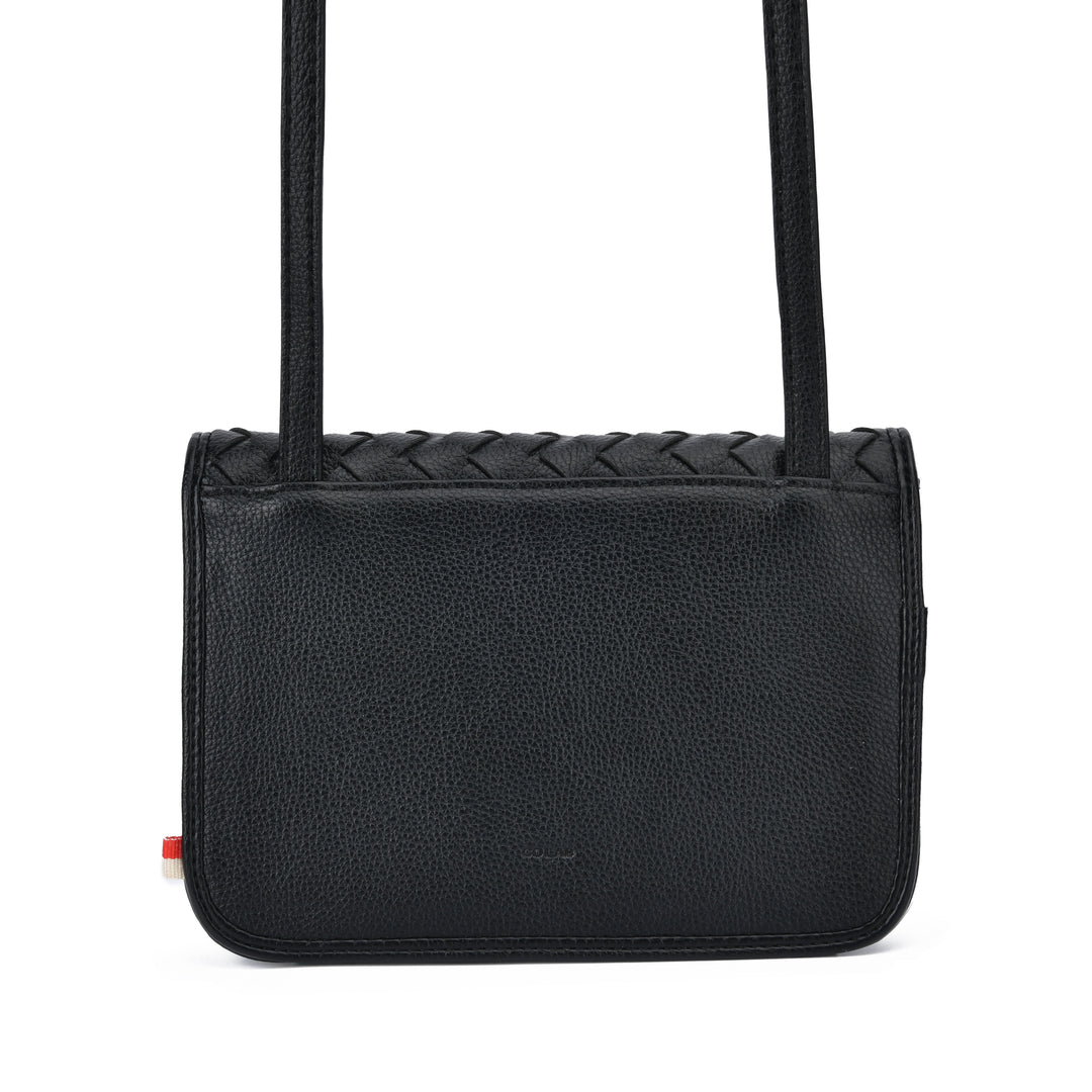 A black pebbled leather shoulder bag with a woven leather top band and a single strap, shown against a plain white background.
