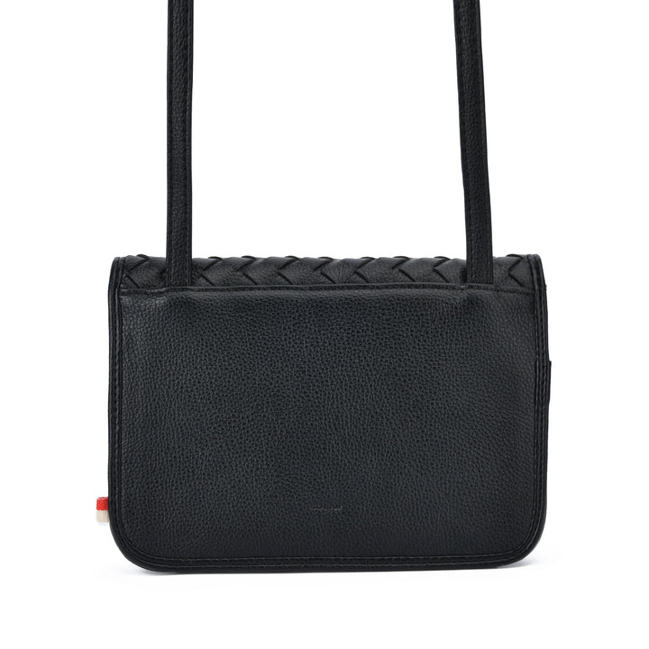 A black pebbled leather shoulder bag with a woven leather top band and a single strap, shown against a plain white background.
