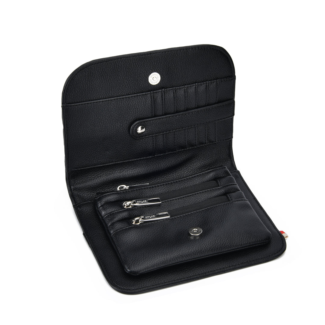 A black textured leather wallet shown open, revealing multiple card slots, a zippered compartment, and a small coin pocket, set against a plain white background.