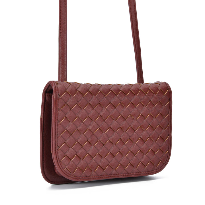 A woven leather shoulder bag in a deep burgundy red, featuring a diamond-patterned woven texture and a matching single shoulder strap, shown on a plain white background.