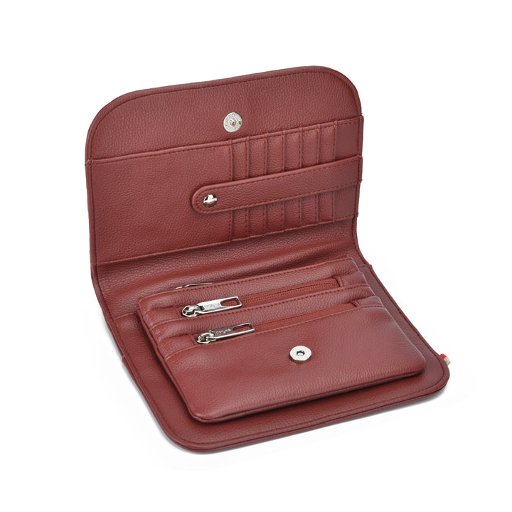 A reddish-brown pebbled leather wallet shown open, featuring multiple card slots, a zippered compartment, and silver-tone hardware on a plain white background.