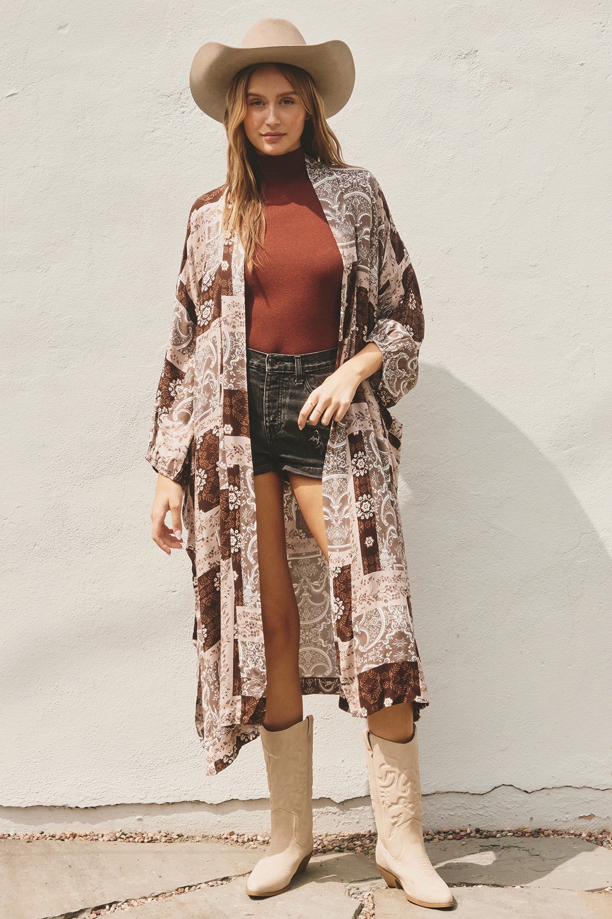 Floral Patchwork Bubble Sleeve Kimono - Umber Natural