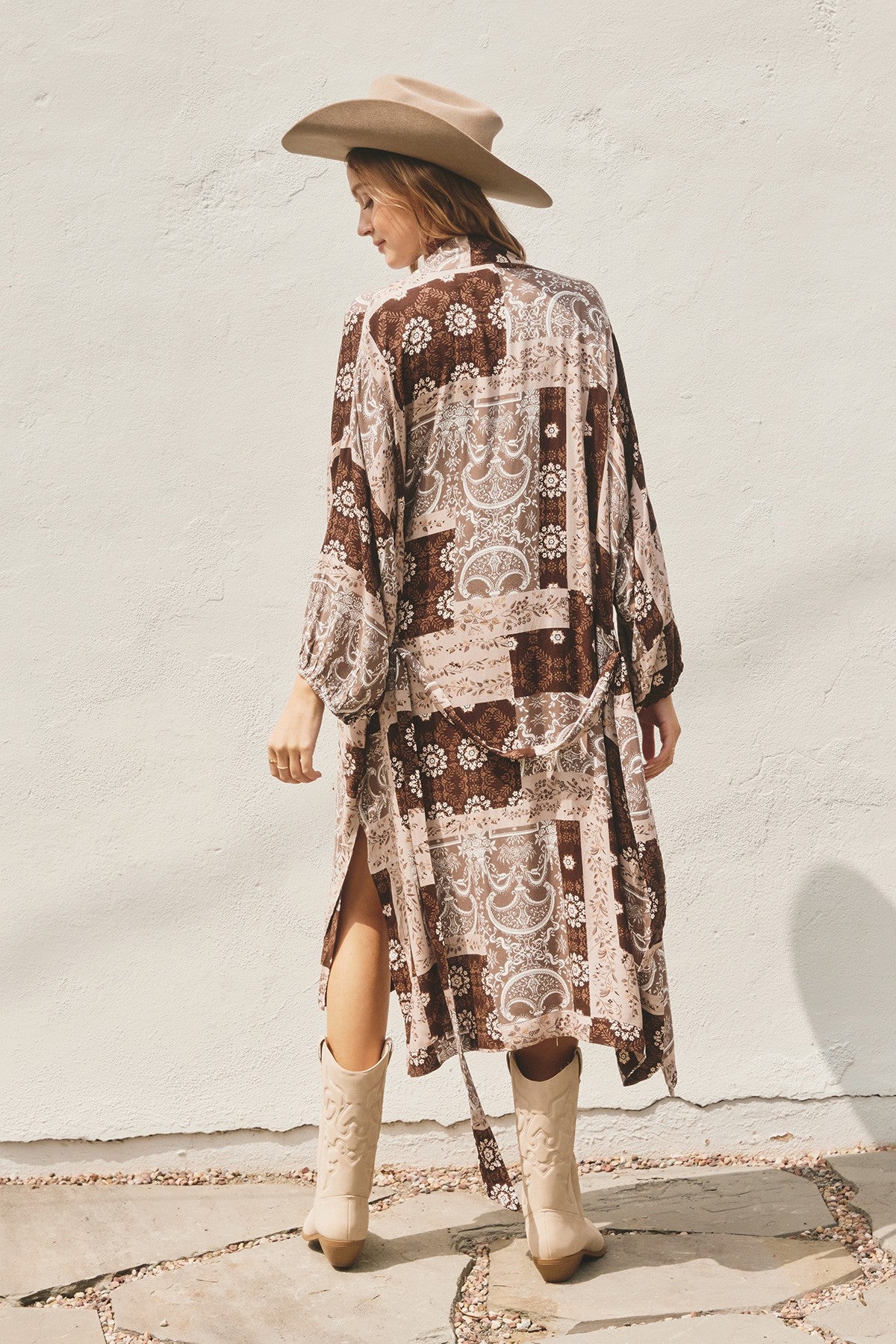 Floral Patchwork Bubble Sleeve Kimono - Umber Natural