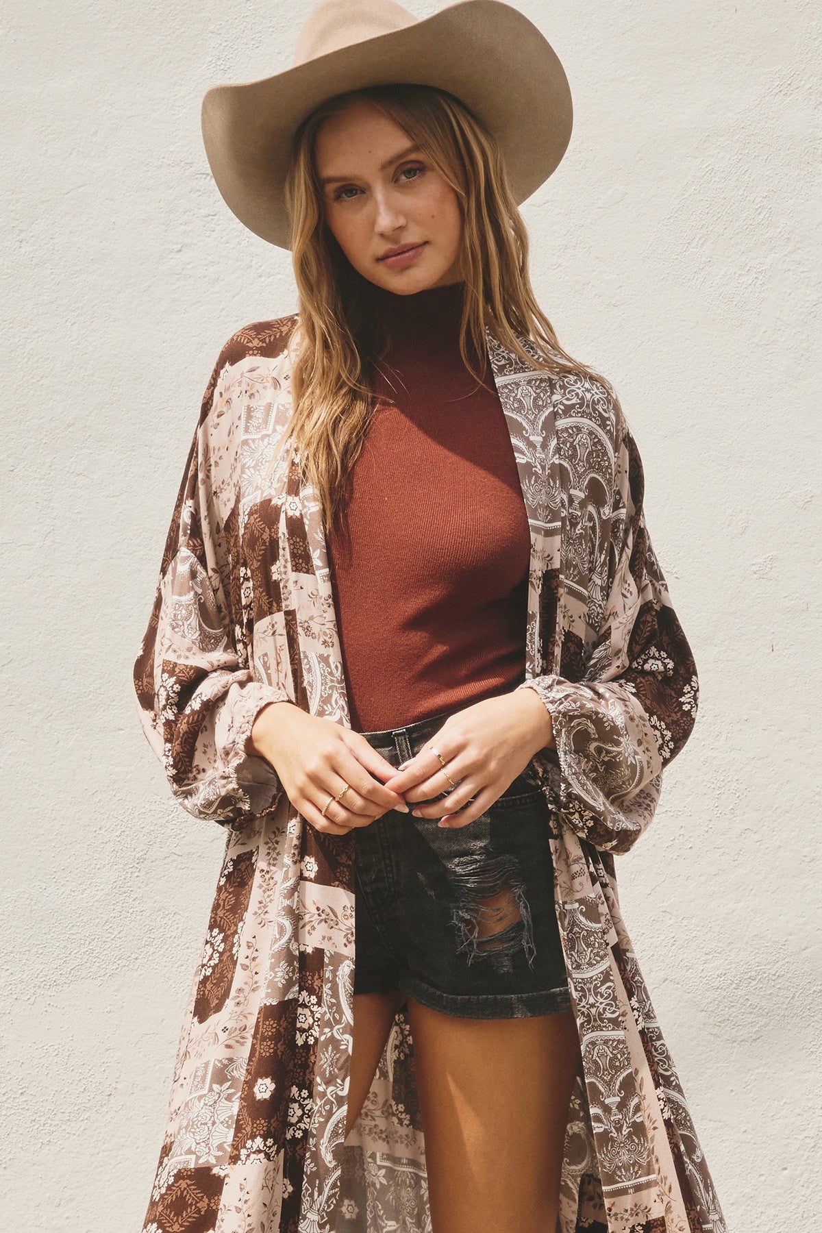 Floral Patchwork Bubble Sleeve Kimono - Umber Natural