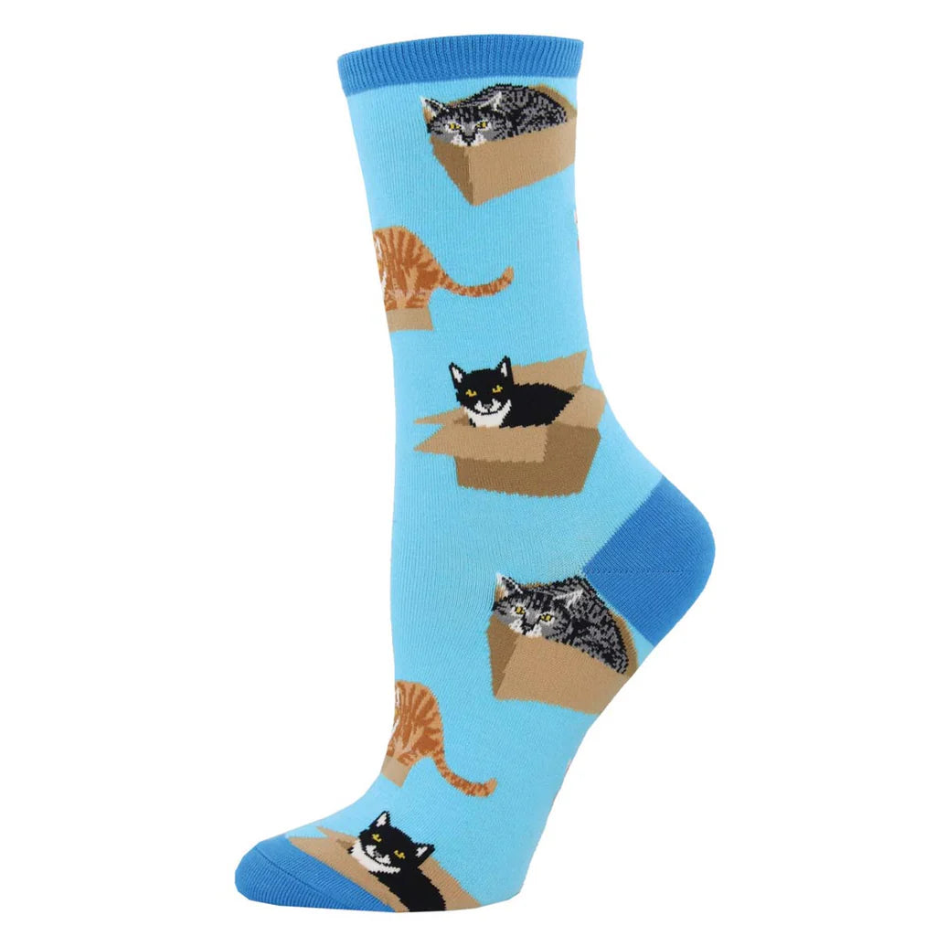 Ladies Cat in a Box Socks - Azure