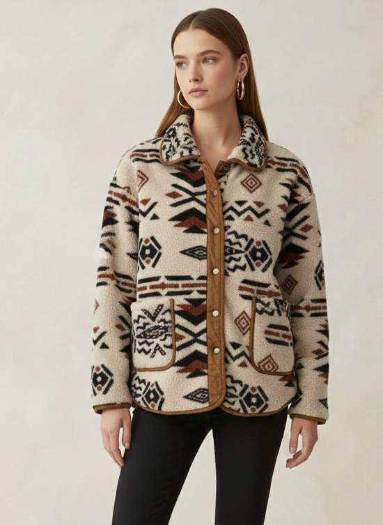 A woman models a beige sherpa-style jacket with a brown and black Southwestern geometric pattern, paired with black pants and tall black boots, against a neutral studio backdrop.