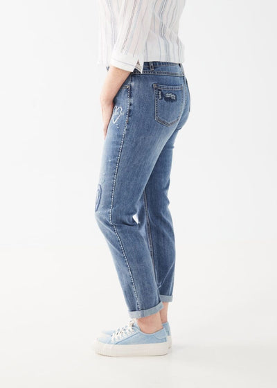 Embroidered Girlfriend Ankle Denim Jeans - Light Blue