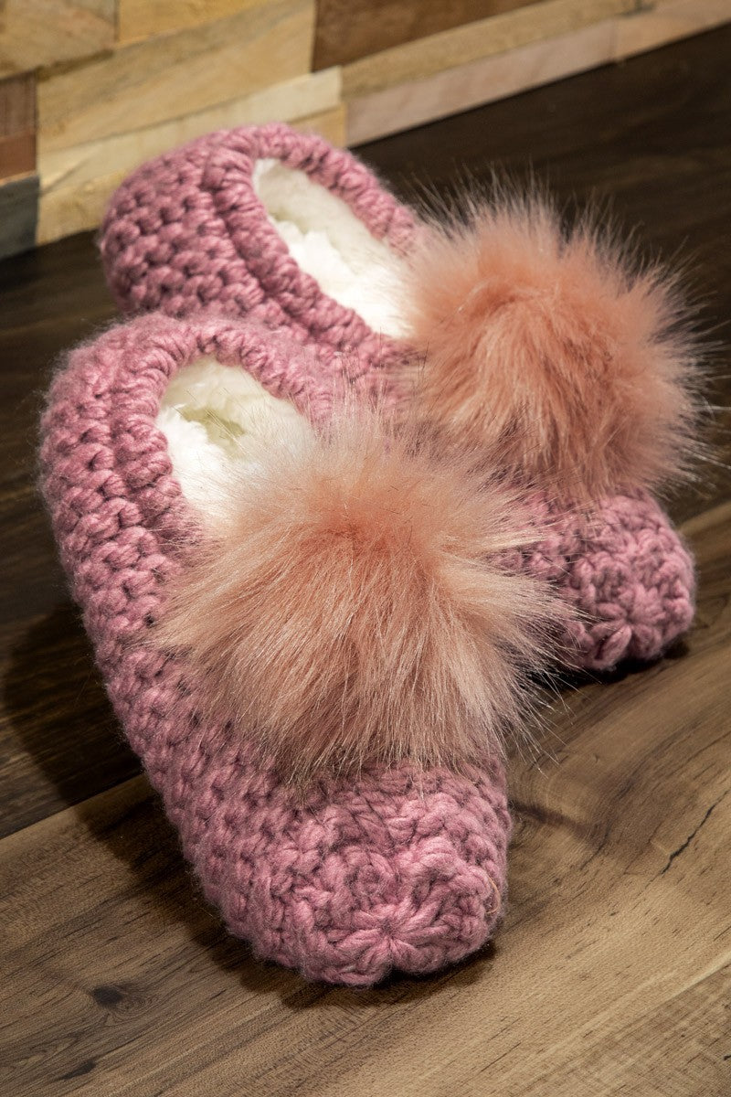 Knitted Slippers with Pom Pom