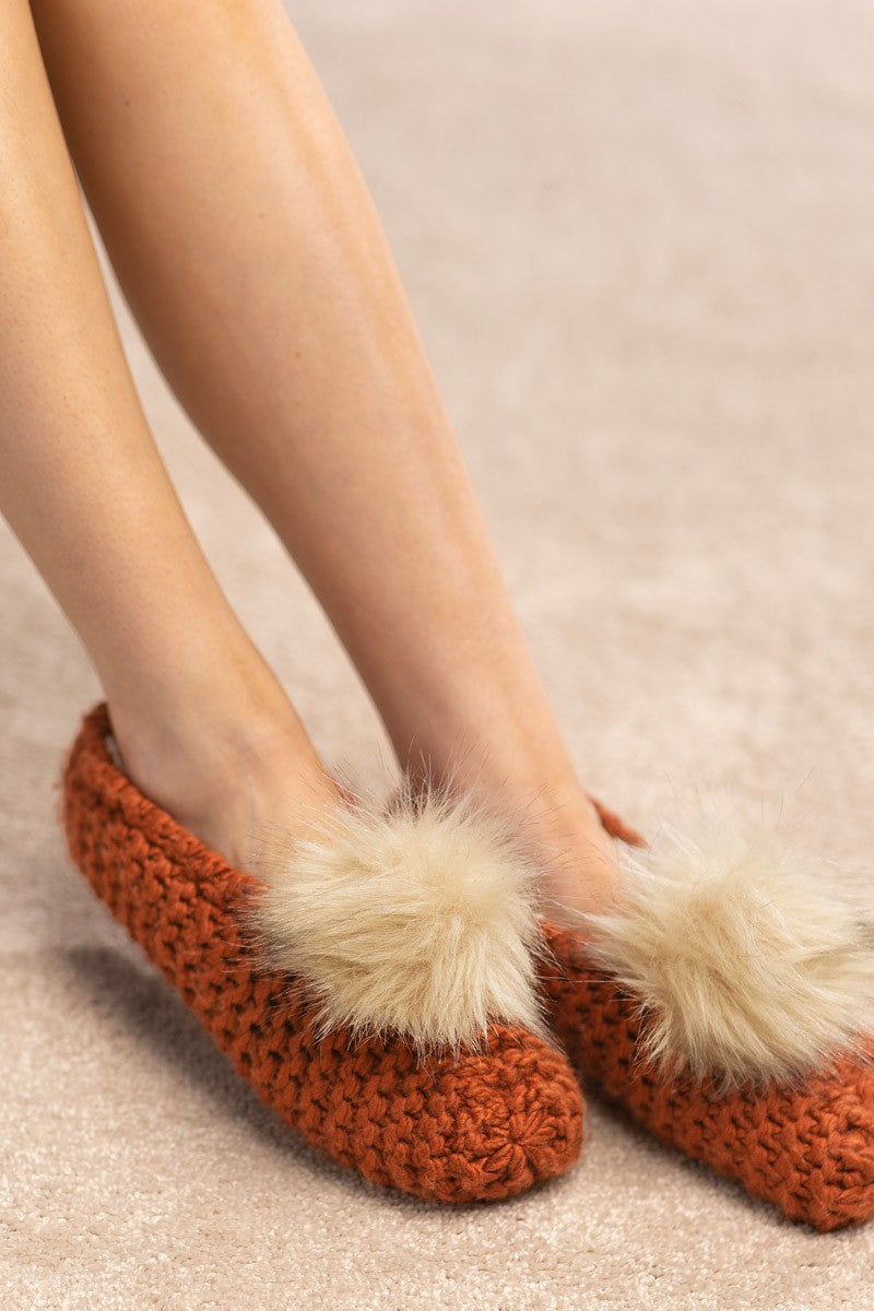 Knitted Slippers with Pom Pom