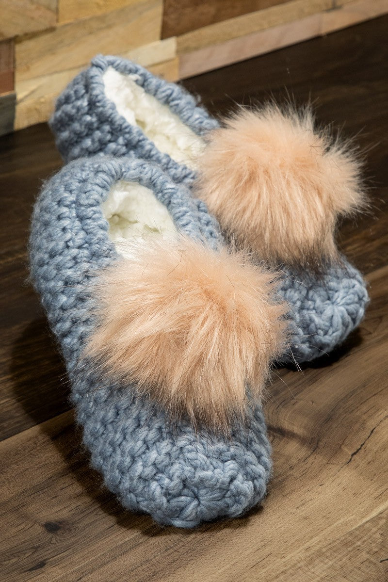 Knitted Slippers with Pom Pom