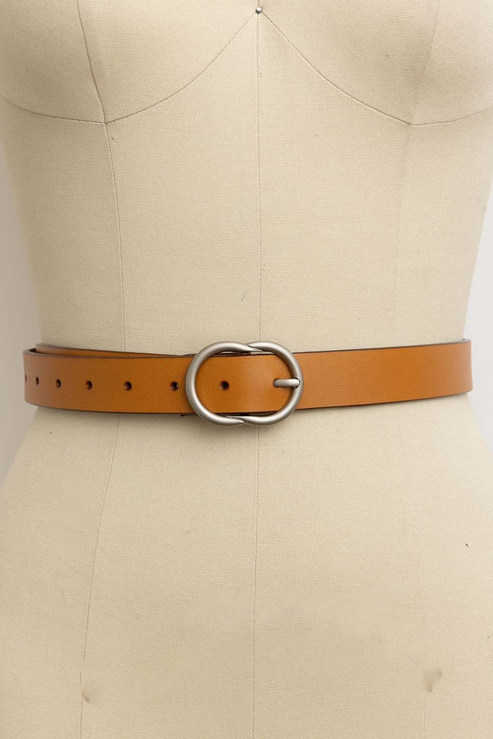Round Buckle Genuine Leather Belt - Camel