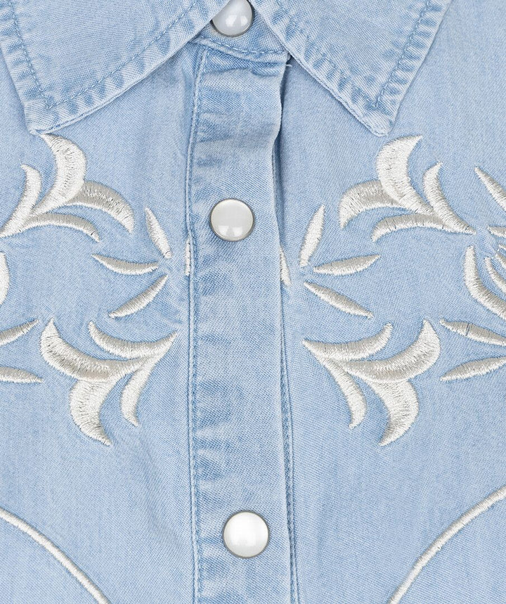 Light blue denim jacket with silver floral embroidery