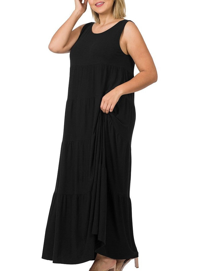 PLUS  Sleeveless Tiered Maxi Dress - Black