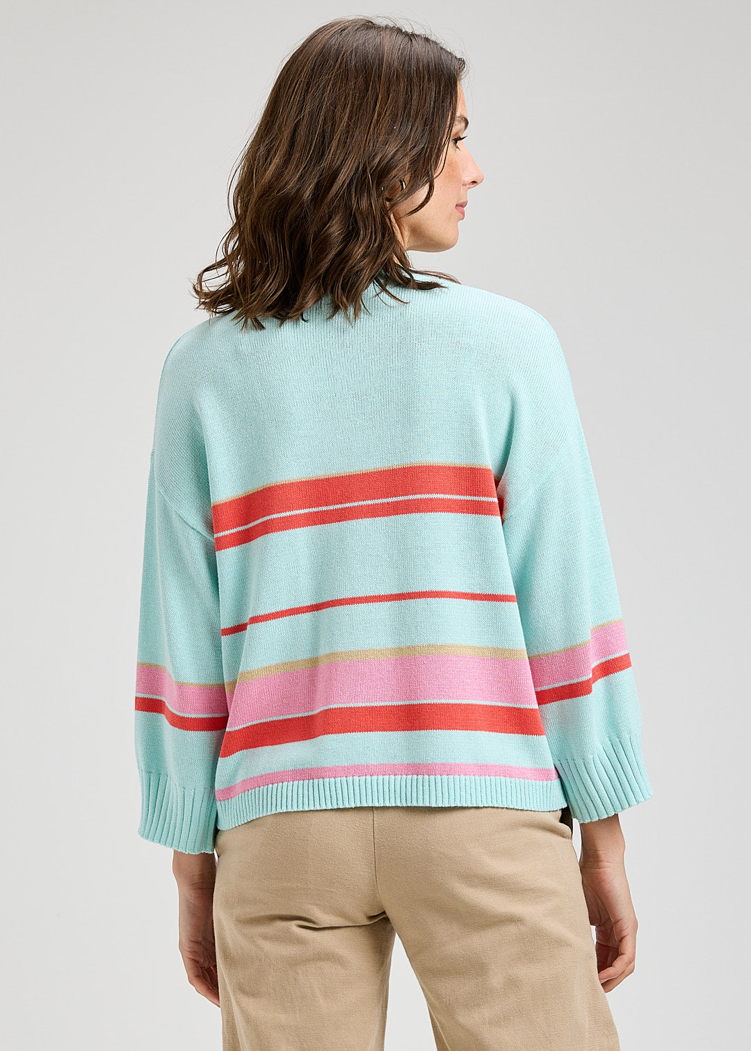 Cropped Stripe V-Neck Sweater - Pool