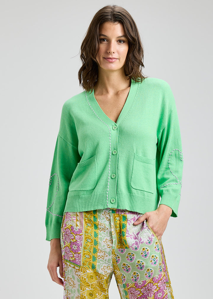 Heart Wide Sleeve Cardigan - Apple Green