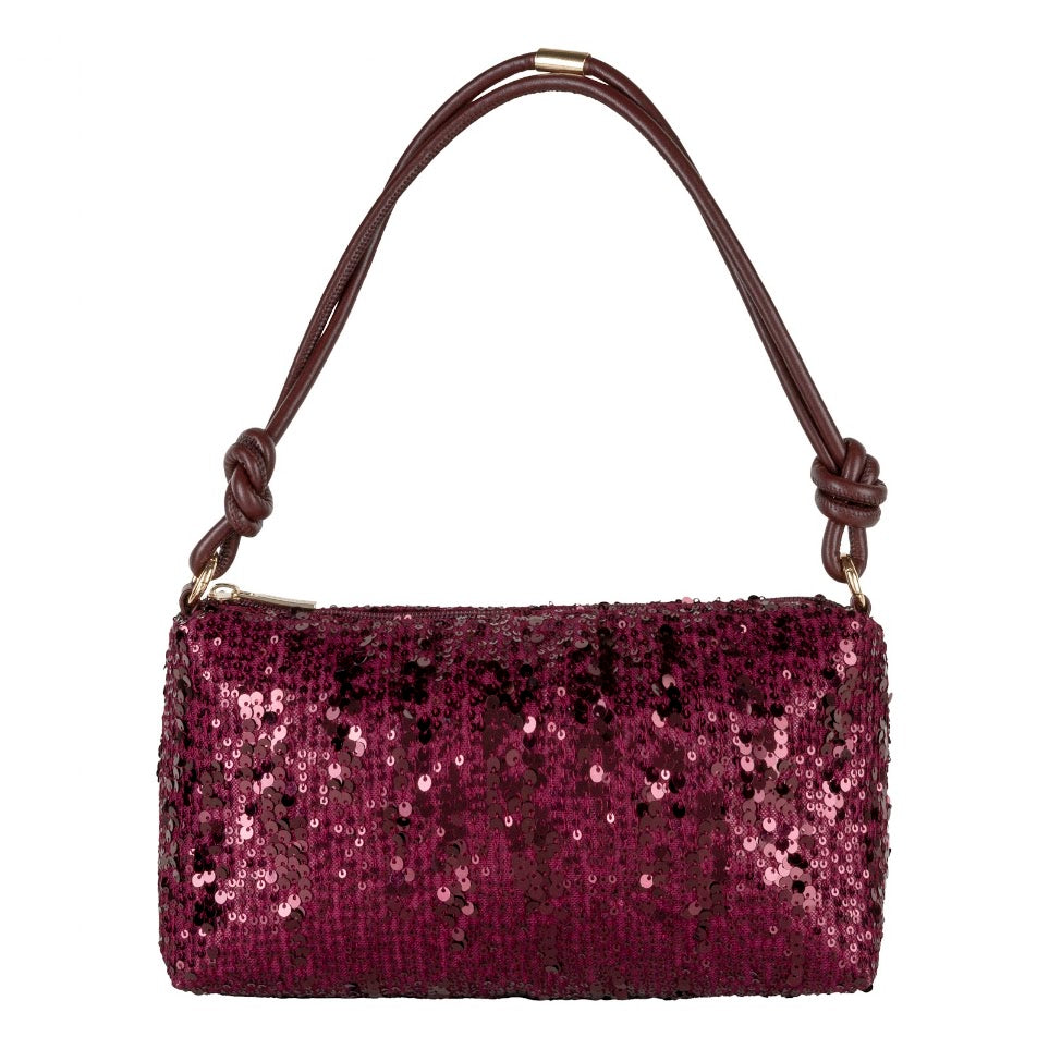 A rectangular handbag covered in sparkling magenta sequins, featuring a dark brown knotted shoulder strap and gold-tone hardware, set against a plain white background.