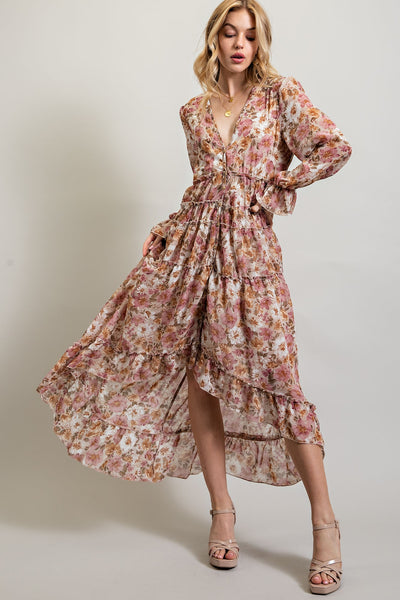 Bohemian Floral Hi-Lo Maxi Dress - Dusty Rose Combo