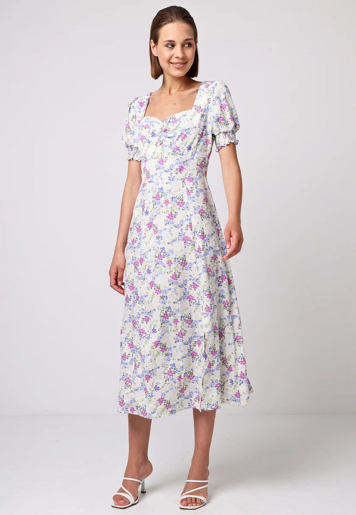Sweetheart Puff Sleeve A-Line Midi Dress in White Floral
