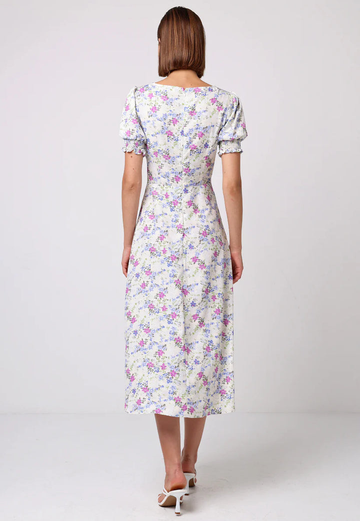 Sweetheart Puff Sleeve A-Line Midi Dress in White Floral