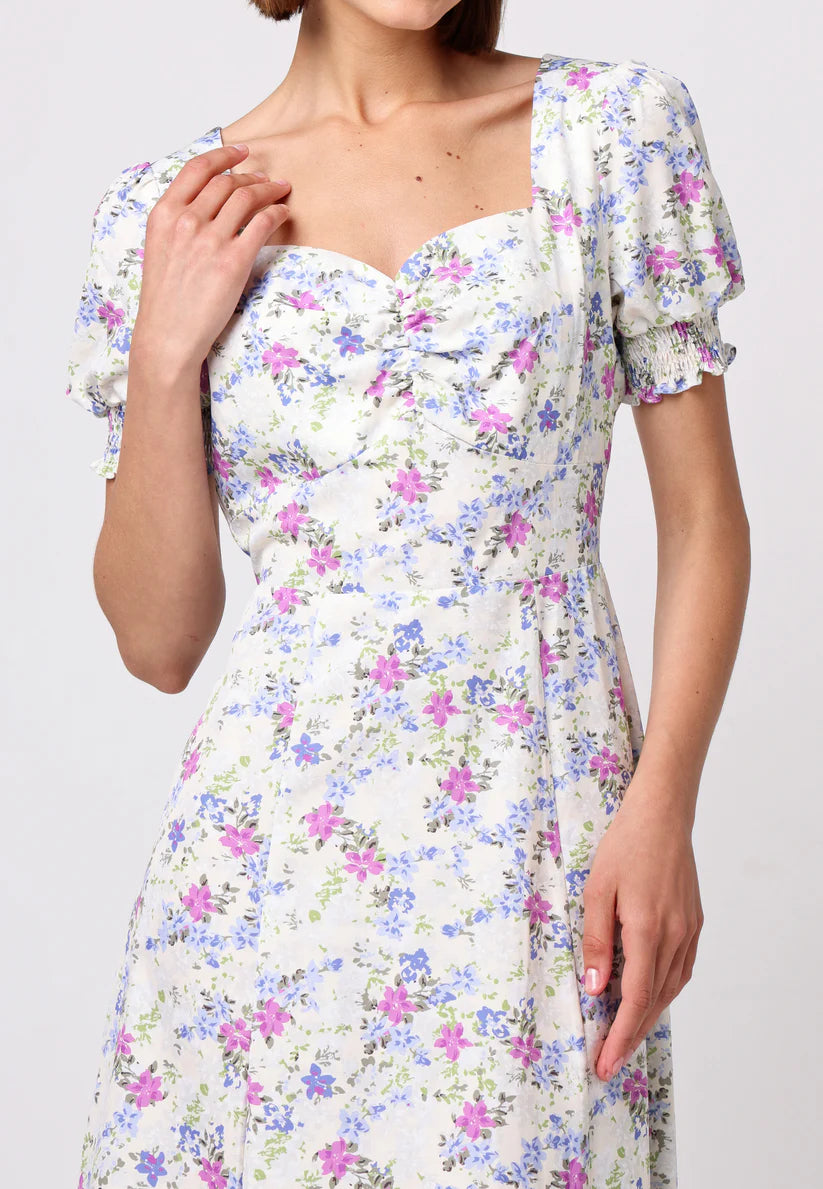 Sweetheart Puff Sleeve A-Line Midi Dress in White Floral
