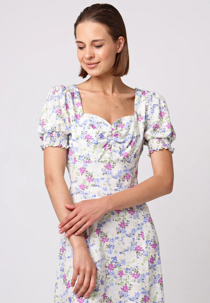 Sweetheart Puff Sleeve A-Line Midi Dress in White Floral