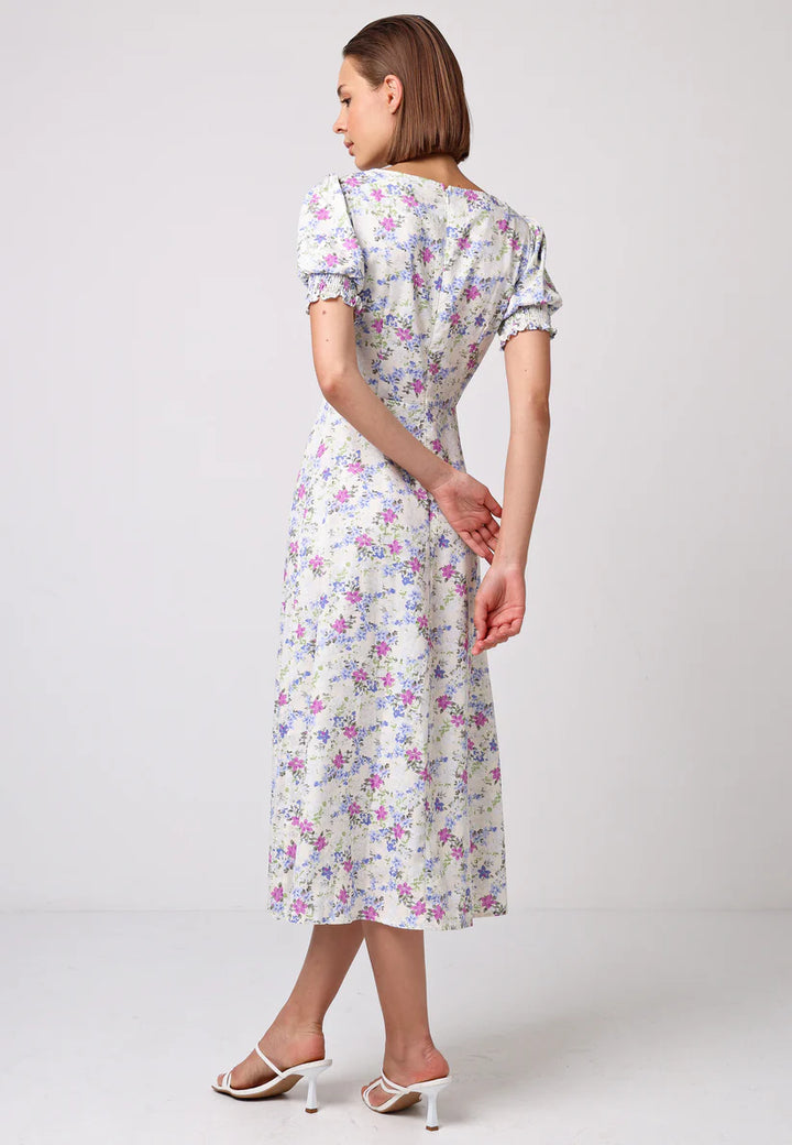 Sweetheart Puff Sleeve A-Line Midi Dress in White Floral