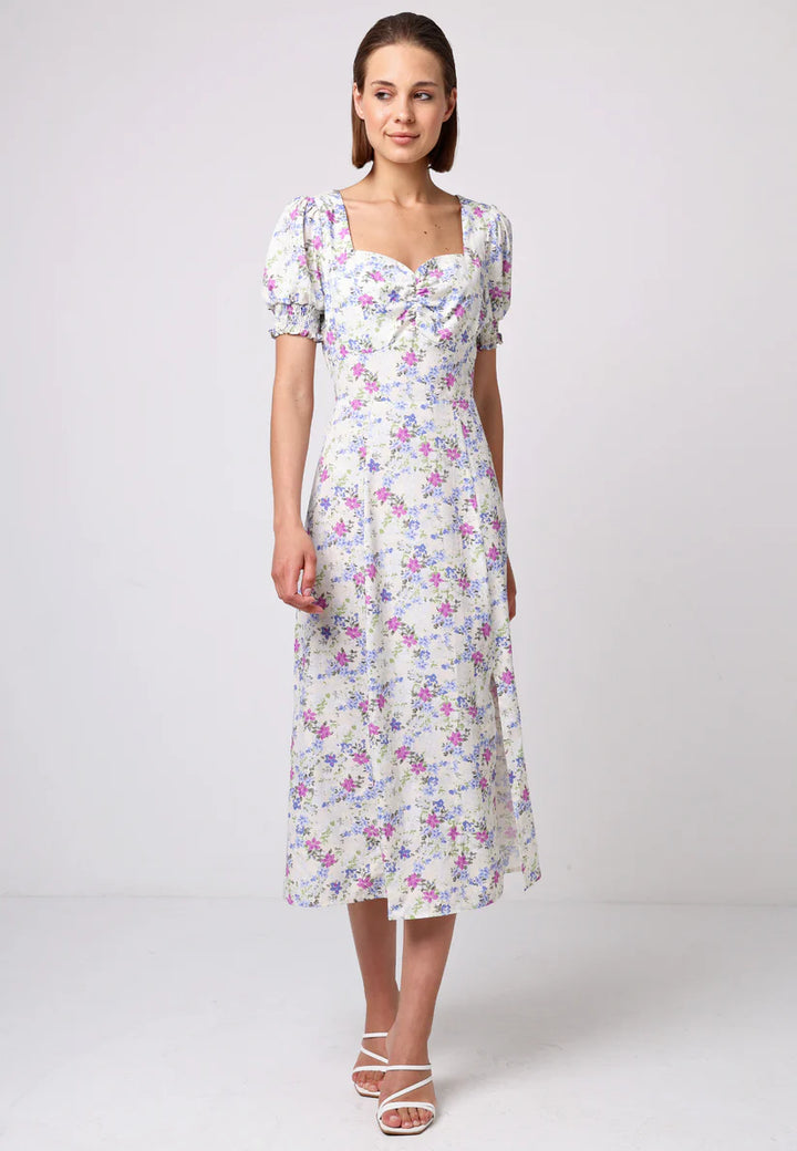 Sweetheart Puff Sleeve A-Line Midi Dress in White Floral