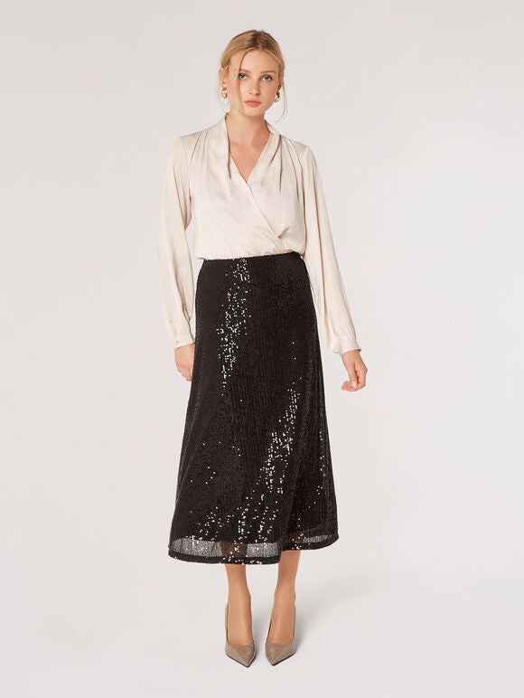 Sequin Bias Cut Midaxi Skirt - Black