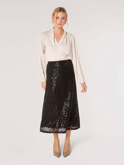 Sequin Bias Cut Midaxi Skirt - Black