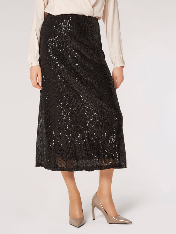 Sequin Bias Cut Midaxi Skirt - Black