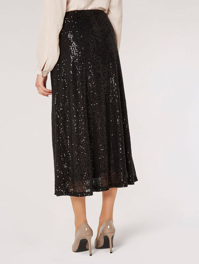 Sequin Bias Cut Midaxi Skirt - Black