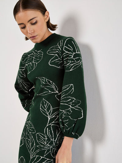 Sketched Floral Puff Sleeve Knit Midi Dress - Green