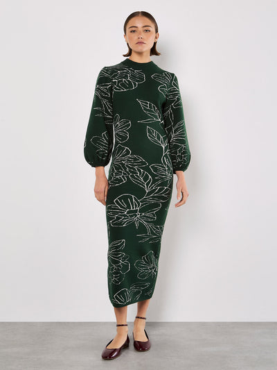 Sketched Floral Puff Sleeve Knit Midi Dress - Green