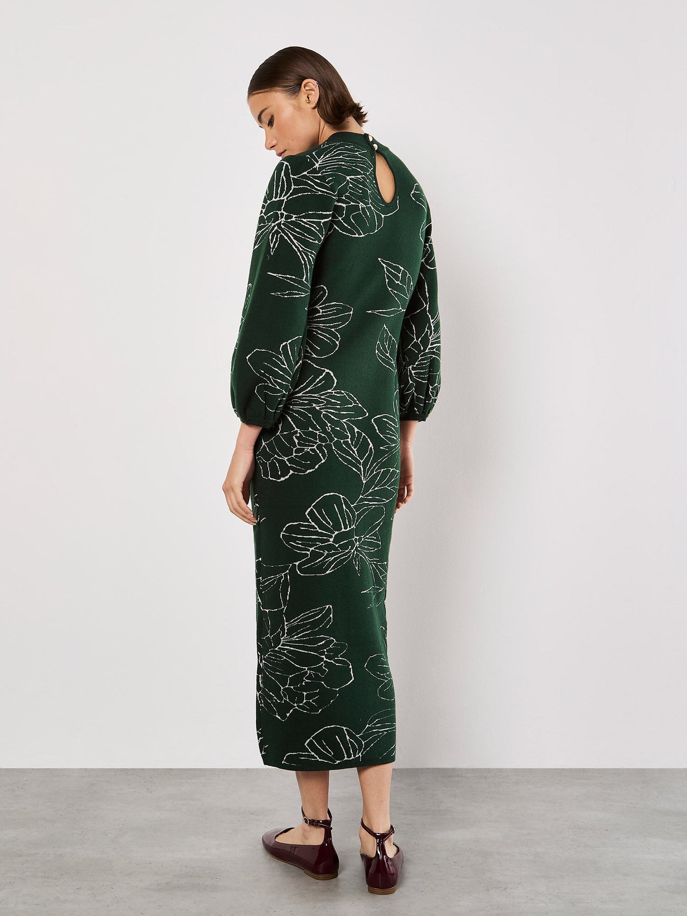 Sketched Floral Puff Sleeve Knit Midi Dress - Green