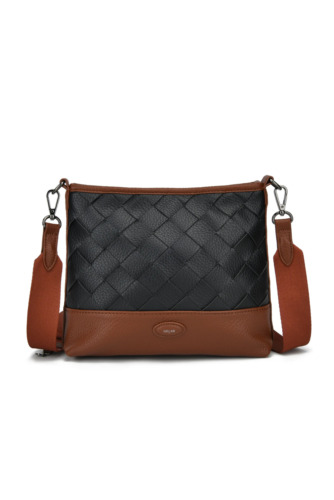 A two-tone leather shoulder bag with a black woven front panel, brown leather base, and matching brown strap, shown on a plain white background.