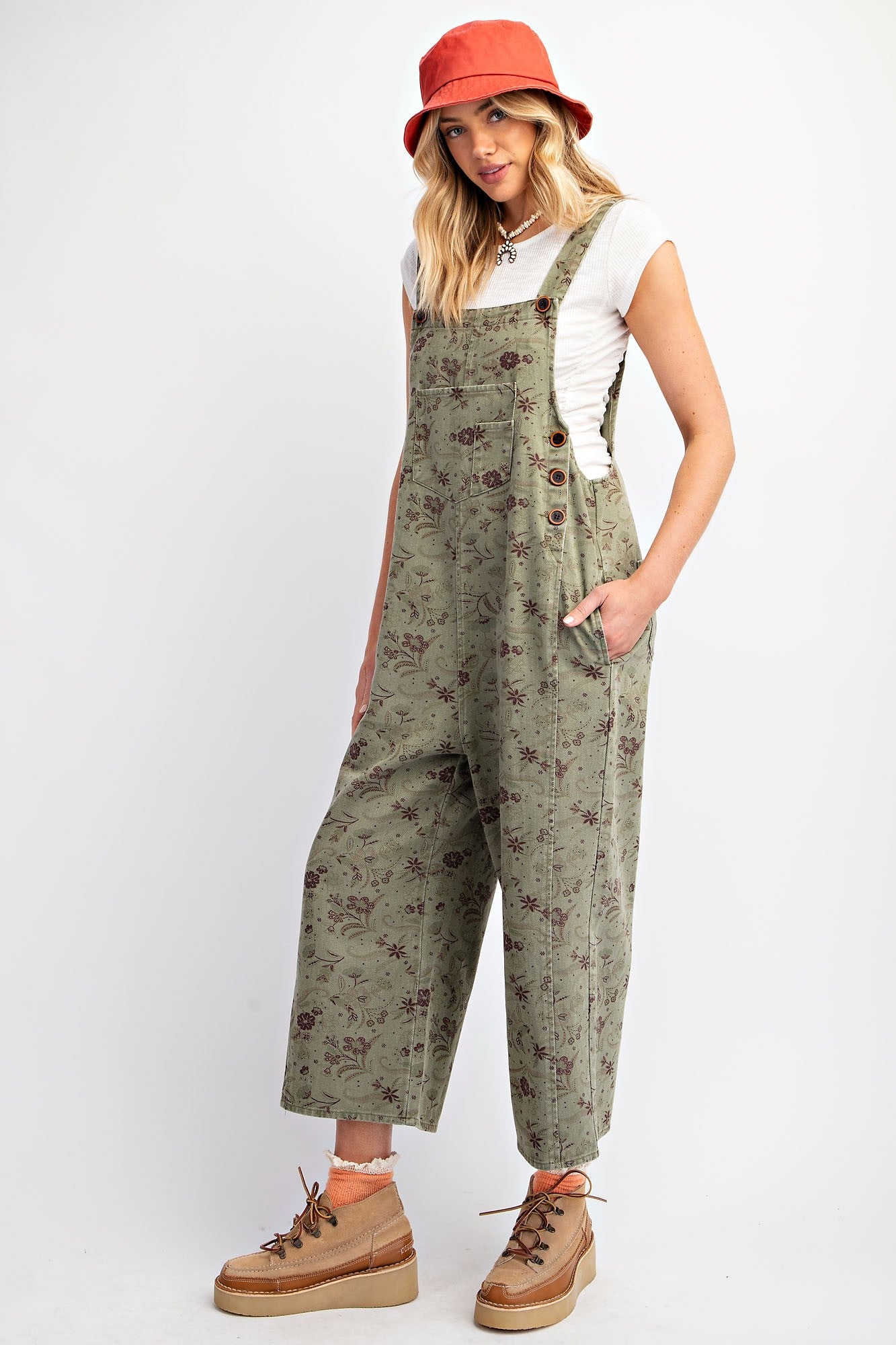 Printed Washed Twill Jumpsuit - Olive