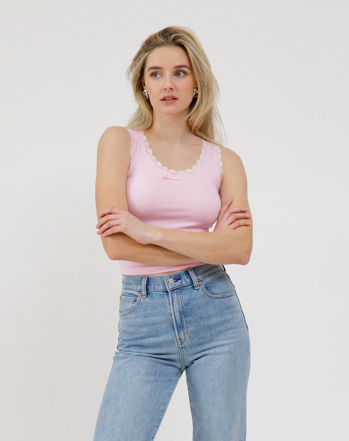 Ribbed Lace Trim Tank Top - Pink