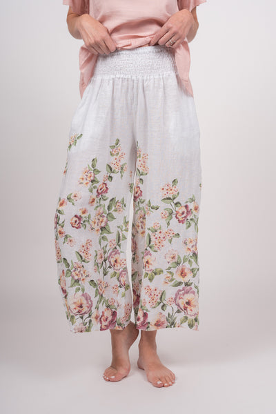 Elastic Waist Floral Pants with Pockets - White O/S