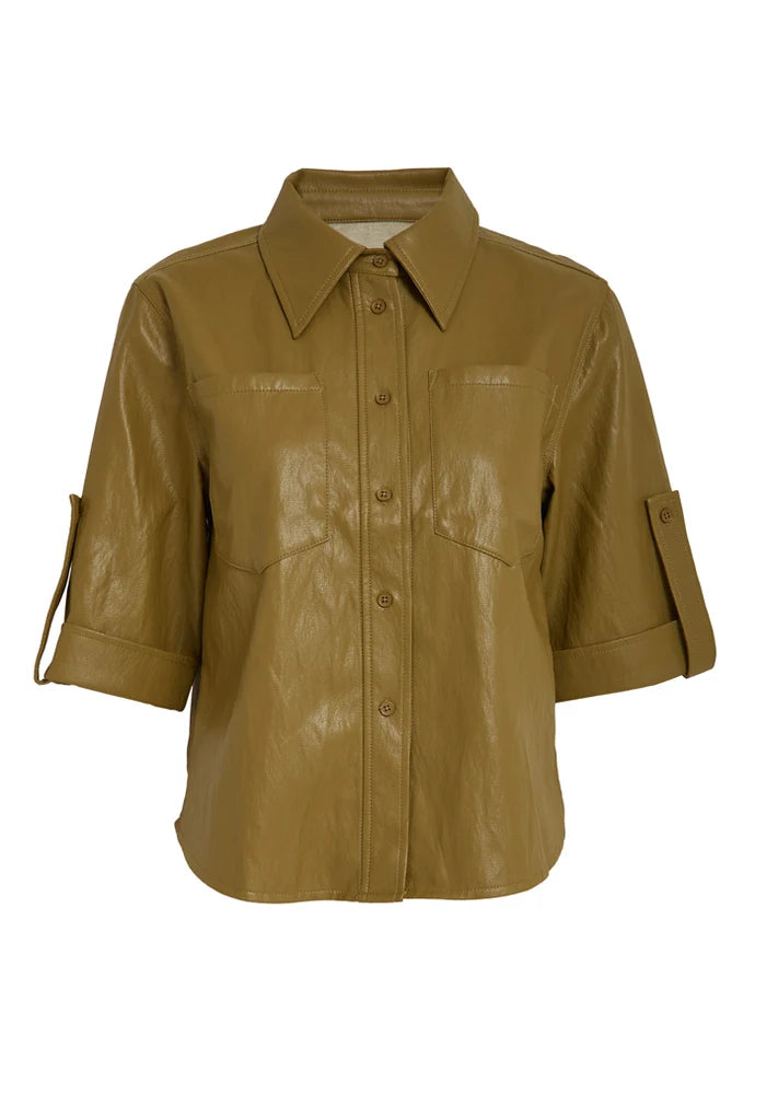 A cropped, three-quarter sleeve button-up shirt in a glossy, crinkled olive-brown faux leather, featuring a pointed collar, front button closure, and two chest flap pockets, shown against a plain white background.