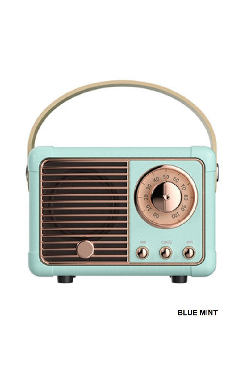 Vintage-style radio with blue mint casing and brown accents on a white background