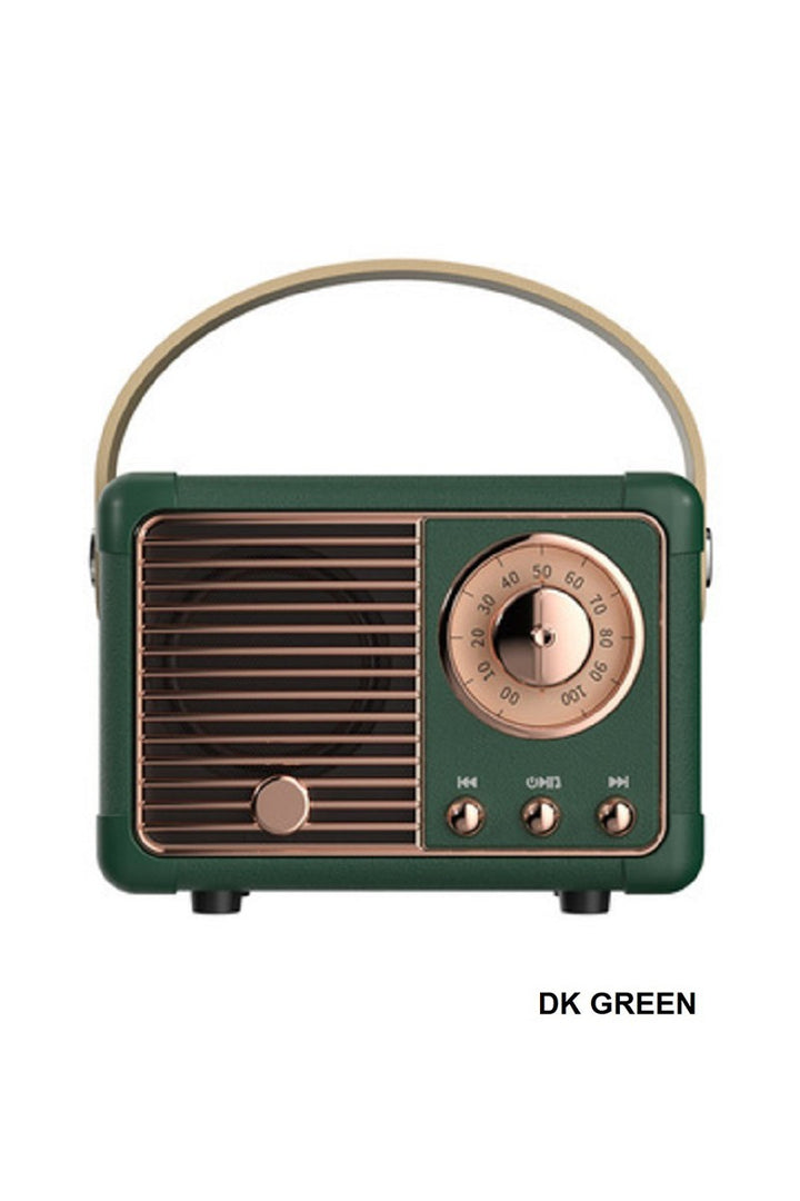 Vintage-style radio in dark green with bronze accents on a white background