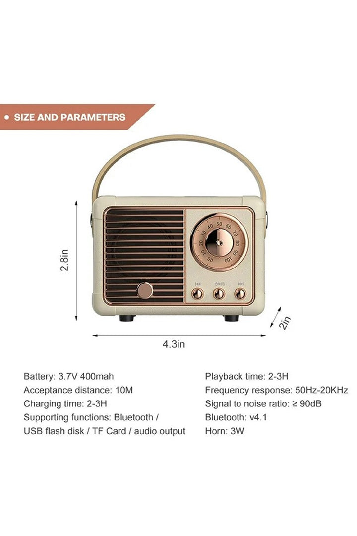 Vintage-style radio with dimensions and technical specifications on a white background
