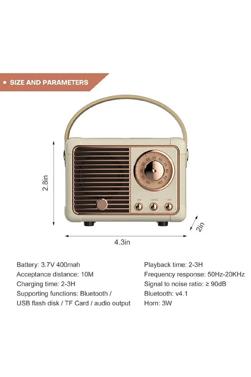 Vintage-style radio with dimensions and technical specifications on a white background