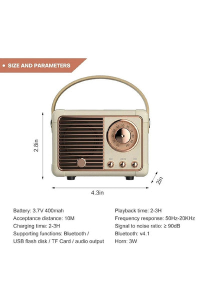 Vintage-style radio with dimensions and technical specifications on a white background