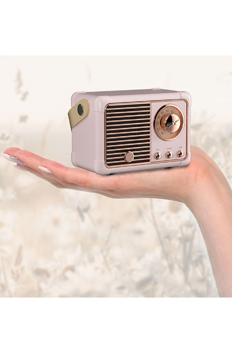 Small vintage-style radio held in a hand against a blurred background